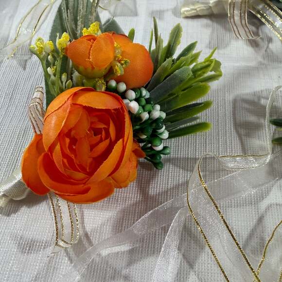 Orange Silk Rose Boutonniere and Wrist Corsage Set - Picture 3 of 8